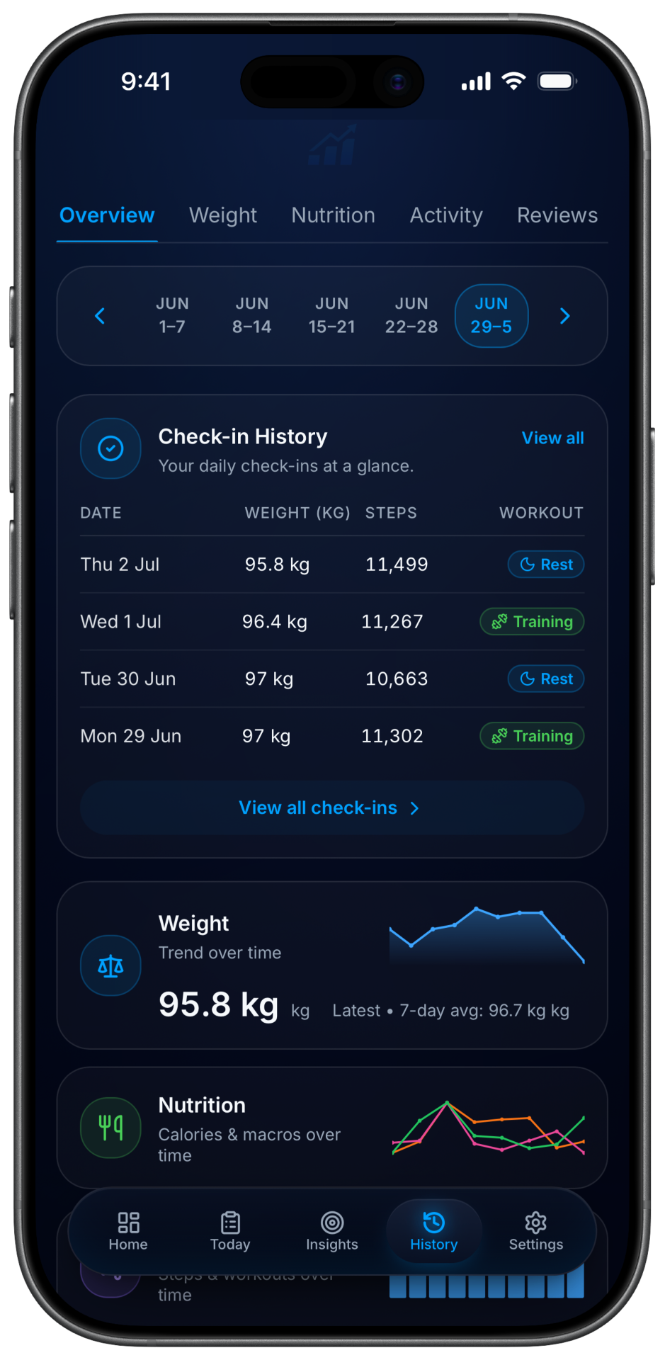 FitIntel History screen with check-in log and weight trend.